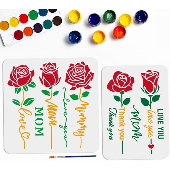 2pcs Roses Mother's Day Stencils 11.811.8/11.78.3inch 5 Styles Rose Flower Template with Paint Brush Mom Love You Thank You Drawing Stencil for Canvas Wall Floor Decor DIY Art Crafts Decor Colorful