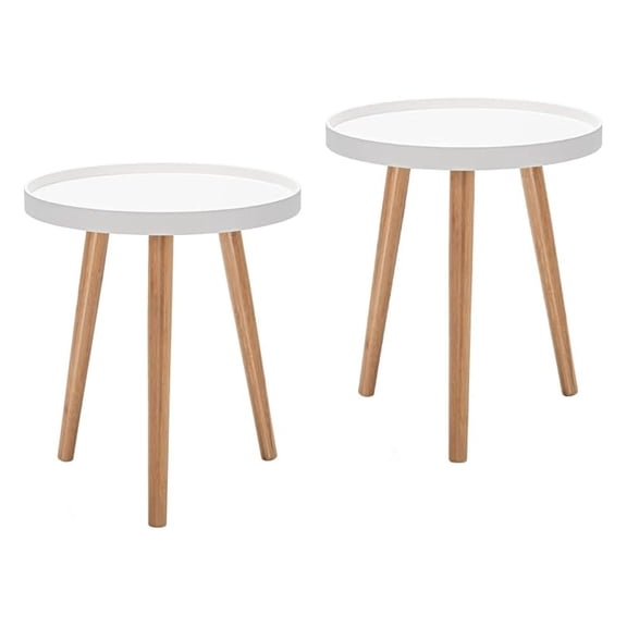 2pcs Round Side Tables, Modern End Table with Anti-Drop Wooden Tray, Three-Legged Accent Table Sofa Side, Round Coffee Table for Living Room, Bedroom, White (2)