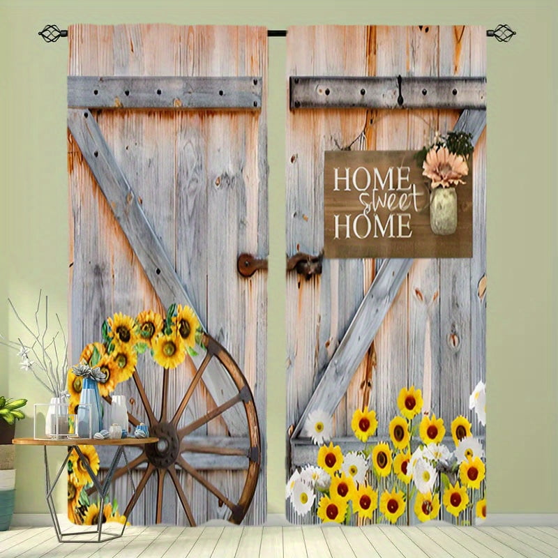 2pcs Rustic Barn Door Curtains Semi-Blackout Window Treatment Sunflower ...