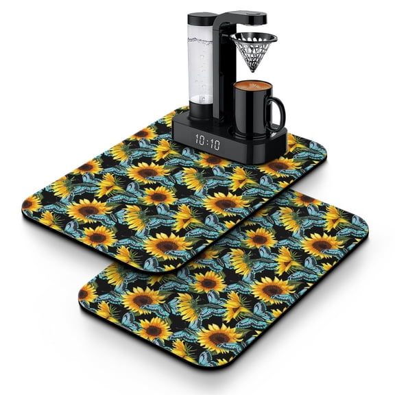 2pcs Rustic Sunflower Coffee Maker Mat, Country Farmhouse Absorbent Drying Mat, Non-Slip Kitchen Counter Mat, Floral Yellow Design