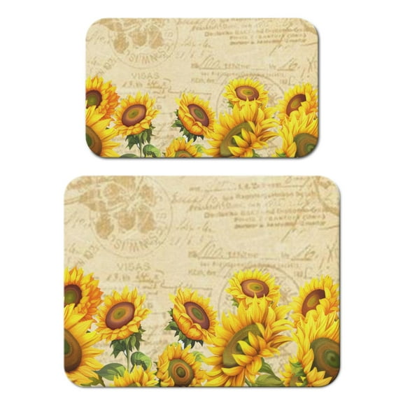 2pcs Rustic Sunflower Coffee Maker Mat, Country Farmhouse Absorbent Drying Mat, Non-Slip Kitchen Counter Mat, Floral Yellow Design