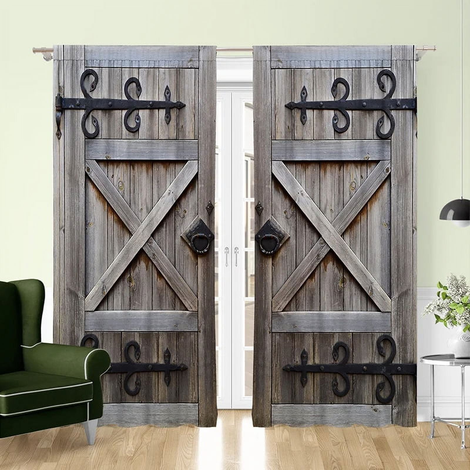 LB Rustic Barn Door Window Curtain Panels,Vintage Wooden Farmhouse Brown Wood Window Curtain For Kitchen Living Room Bedroom Bathroom Blackout Window Treatment Drapes 2 Panels,52 X 63 Inches - View #2