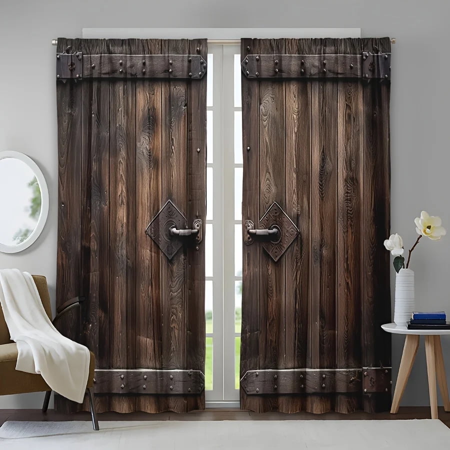 2pcs Rustic Wooden Door Pattern Curtain for Home ration - Perfect for ...