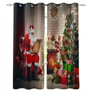 2pcs Santa Curtains Old Santa Claus Sitting at Home at Christmas Night Reading a Letter Near The Tree Living Room Window Drapes