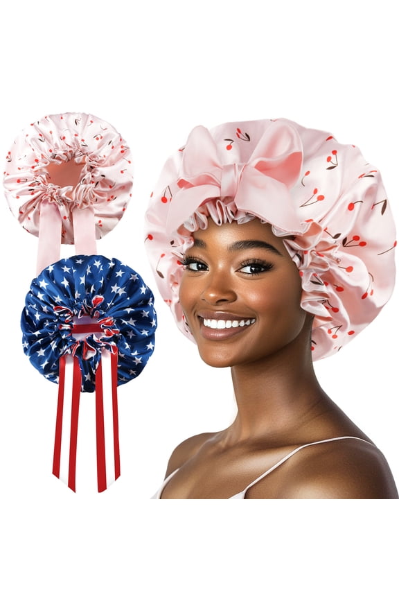 2pcs Satin Sleep Bonnet Set, Star & Cherry Print Night Cap with Decorative Bow, Silk-Like Hair Protector for Curly Hair, Dreadlocks & Braids, Anti-Frizz Shower Cap for Women, Adjustable Fit for Women