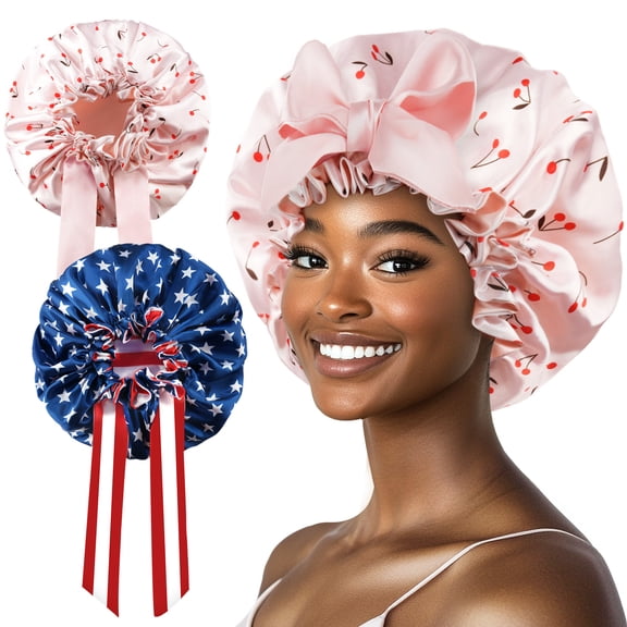 2pcs Satin Sleep Bonnet Set, Star & Cherry Print Night Cap with Decorative Bow, Silk-Like Hair Protector for Curly Hair, Dreadlocks & Braids, Anti-Frizz Shower Cap for Women, Adjustable Fit for Women