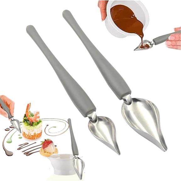 2pcs Saucier Drizzle Spoon, Spoons Stainless Steel Chef Culinary Drawing Spoons, Precision Sauce Fondant Cream Pencil Cake Decoration Baking Tool, Chocolate Drizzle Tool for Decorating Plate