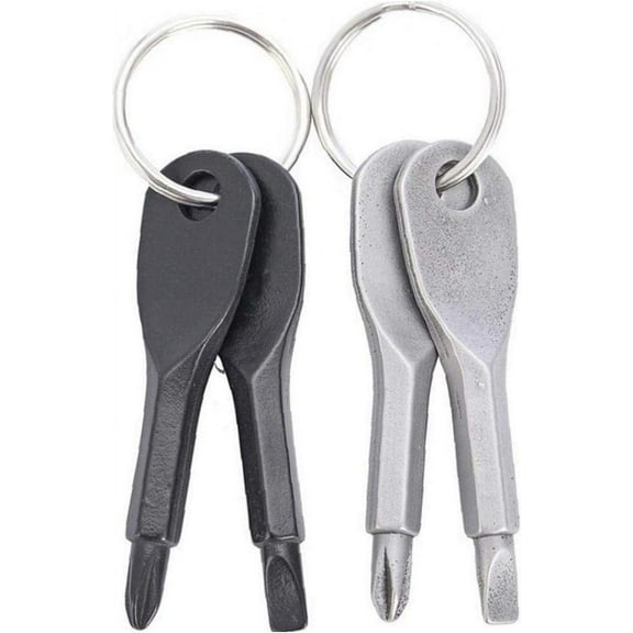 2pcs Screwdriver Key Stainless Steel Multifunction Screw Driver Portable Pocket Repair Tools with Key Ring(Silver+Black)