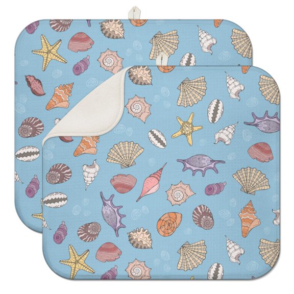 2pcs Seashell Print Kitchen Drying Mat, Super Absorbent Microfiber Dish Drying Pad with Hanging Loop, Beach Theme 3-Layer Heat Resistant Countertop Mat