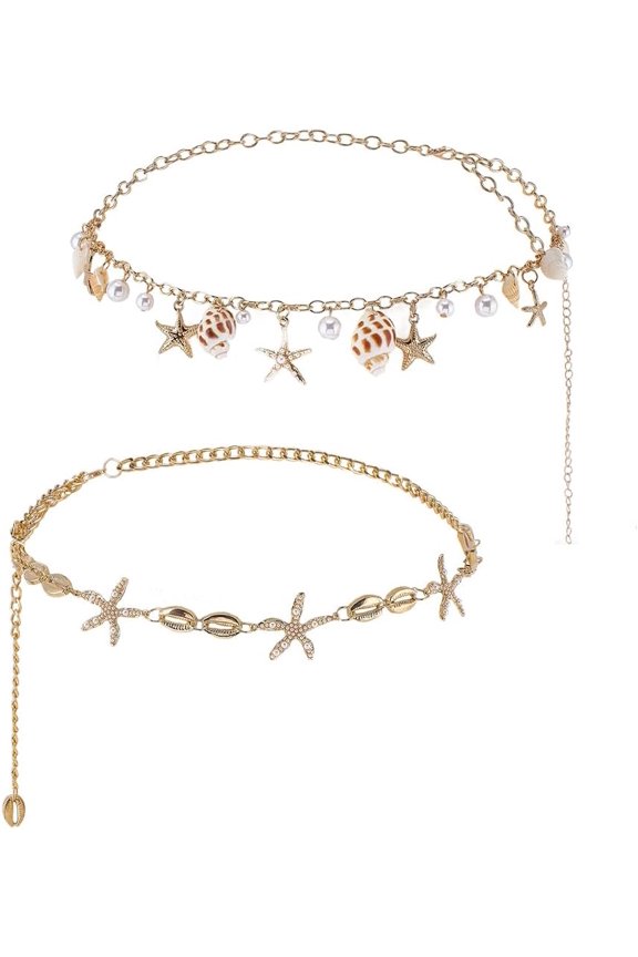 2pcs Seashell Starfish Waist Chain for Women Gold Beach Body Chains Adjustable Shell Starfish Belly Chains for Beach Wedding Summer