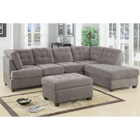 2pcs Sectional Sofa Smooth Waffle Suede Tufted Sofa Reversible Chaise Charcoal Comfort Couch Living Room Furniture Set