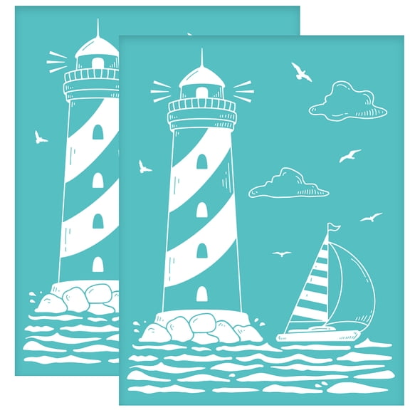 2pcs Self-Adhesive Silk Screen Printing Stencil for Painting on Wood DIY Decoration T-Shirt Fabric Turquoise Lighthouse Pattern 280x220mm