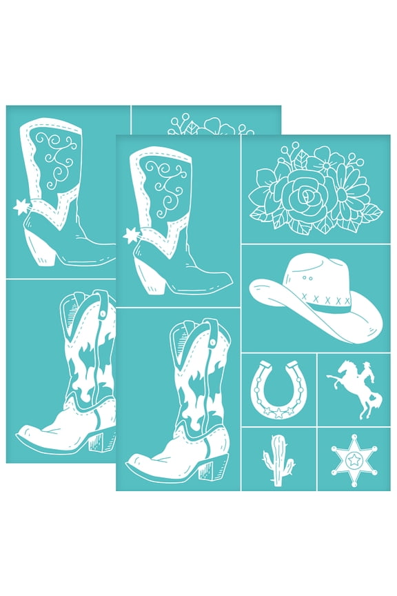 2pcs Self-Adhesive Silk Screen Printing Stencil for Painting on Wood DIY Decoration T-Shirt Fabric Turquoise Western Cowboy Theme 280x220mm