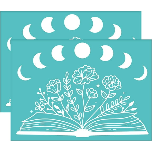 2pcs Self-Adhesive Silk Screen Printing Stencils - Flower Book Moon Patterns Washable Reusable Signs