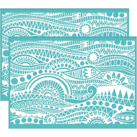 2pcs Self-Adhesive Silk Screen Stencils Ocean Themed Silk Screen Printing Stencil Ethnic Waves Reusable Mesh Stencils Transfer
