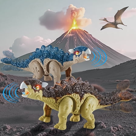 2pcs Self-Walking Ankylosaurus Dinosaur Robot with Glowing Lights and Roaring Sound - Interactive Moving Dinosaur, Birthday/Christmas Gift for Boys and Girls Aged 3-12, Ankylosaurus Dinosaur Toy