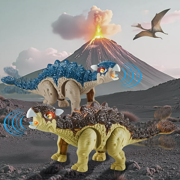 2pcs Self-Walking Ankylosaurus Dinosaur Robot with Glowing Lights and Roaring Sound - Interactive Moving Dinosaur, Birthday/Christmas Gift for Boys and Girls Aged 3-12, Ankylosaurus Dinosaur Toy