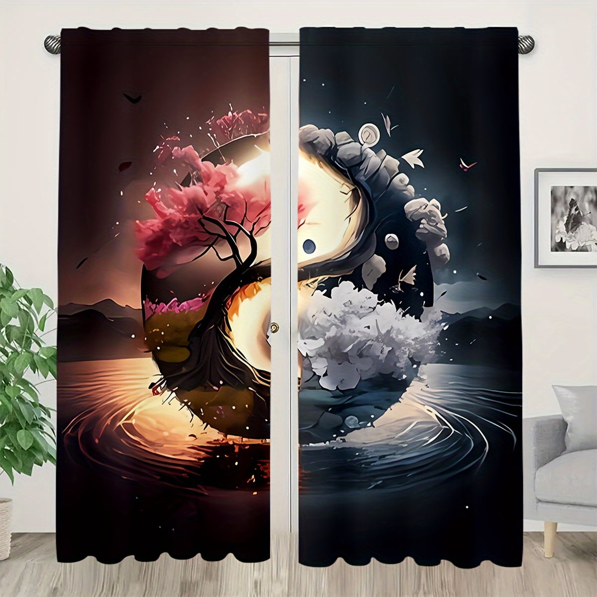 2pcs Semi-Blackout Curtain Japanese Landscape & Torii Gate Design ...