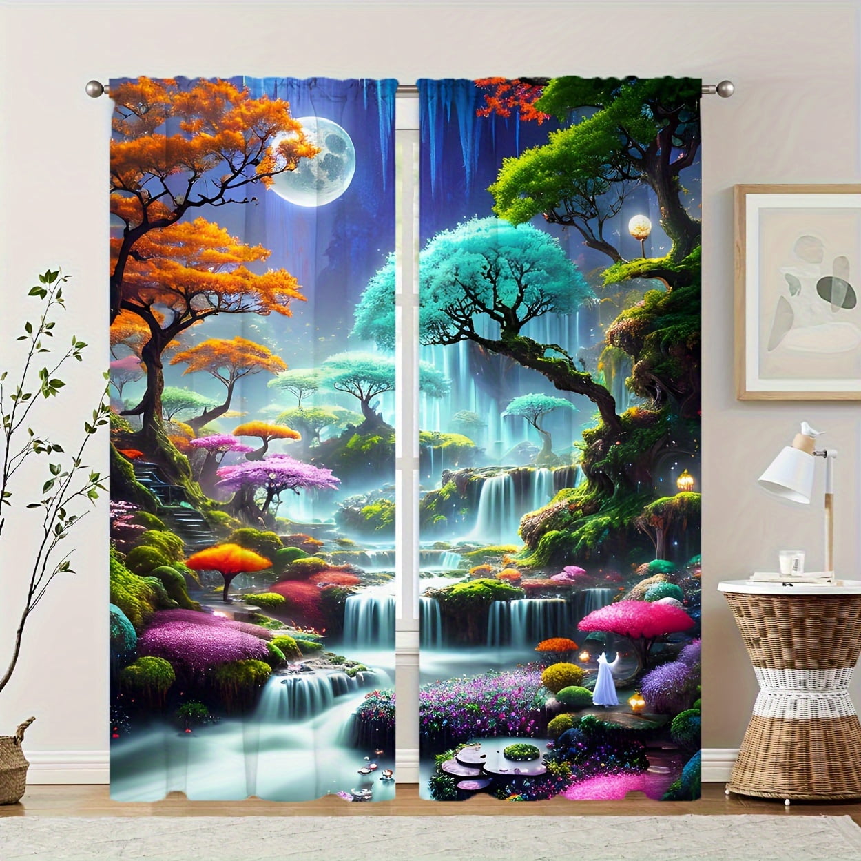 2pcs Semi-Blackout Curtain Japanese Landscape & Torii Gate Design ...