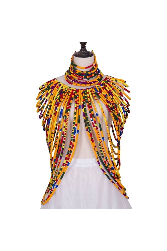 2pcs Set Ankara Multi-layer Necklace and Shawl Tops African Handmade Braiding Fabric Jewelry