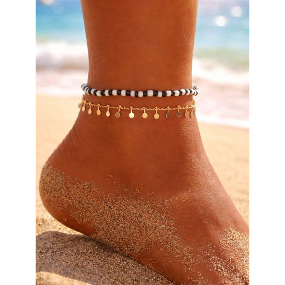 2pcs/Set Beach Vacation Style Black And White Beaded Copper Disc Chain Anklet