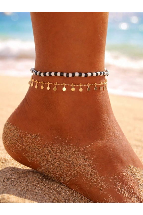 2pcs/Set Beach Vacation Style Black And White Beaded Copper Disc Chain Anklet