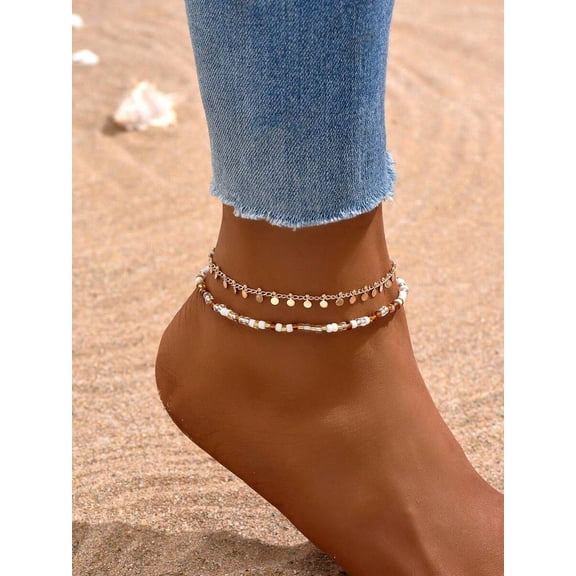2pcs/Set Beach Vacation Style Brown Beaded Copper-Tone Disc Chain Anklet