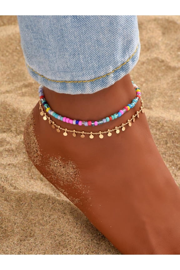 2pcs/Set Beach Vacation Style Multicolor Beaded Goldtone Disc Chain Anklet