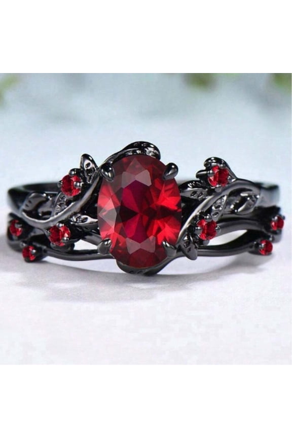 2pcs/Set Black Gothic Red Gemstone Ring Set, Oval Center Stone With Vine Motif For Women - Color 10