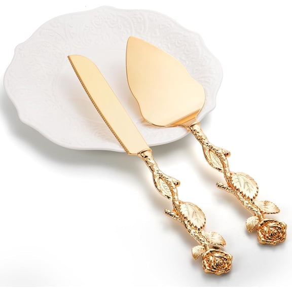 2pcs Set Of Cake Knife And Spatula With Rose Shaped Handle, Gold Color Luxury Cake Spatula Suitable for Weddings, Birthday Party, Anniversaries, Ramadan Festivals and Event Tableware Gifts