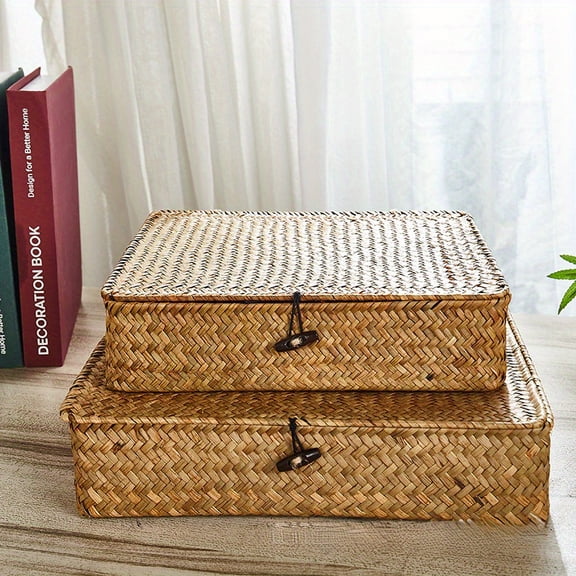 2pcs Set with Cover Seaweed Basket Wicker Storage Basket Decorative Storage Box Flat Storage Box with Cover Woven Storage Basket for Shelf Closet Bedroom, 2 Sizes (brown), Trunks