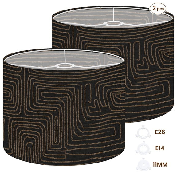 2pcs Set Drum Lampshades (13"x 13"x 10"), Abstract Gold Line Maze Black Textile Fabric Large Replacement Shades for Table, Floor, and Pendant Lamps, Simple Assembly Needed.