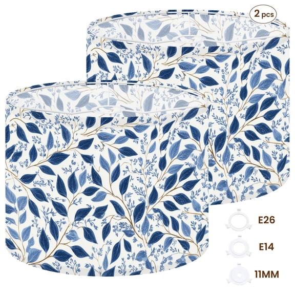 2pcs Set Drum Lampshades (13"x 13"x 10"), Blue Floral Leaves Branches Delicate Foliage Fabric Large Replacement Shades for Table, Floor, and Pendant Lamps, Simple Assembly Needed.