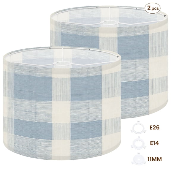 2pcs Set Drum Lampshades (13"x 13"x 10"), Blue White Checkered Subtle Texture Fabric Large Replacement Shades for Table, Floor, and Pendant Lamps, Simple Assembly Needed.