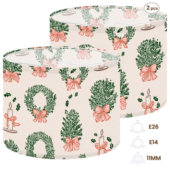 2pcs Set Drum Lampshades (13"x 13"x 10"), Elegant vintage christmas trees bows mistletoe fir Fabric Lamp Shades, Large Replacement Shades for Table, Floor, and Pendant Lamps, Simple Assembly Needed.