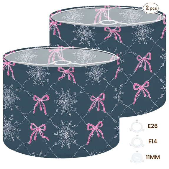 2pcs Set Drum Lampshades (13"x 13"x 10"), Pink Bows Snowflakes Dark Blue Fabric Large Replacement Shades for Table, Floor, and Pendant Lamps, Simple Assembly Needed.