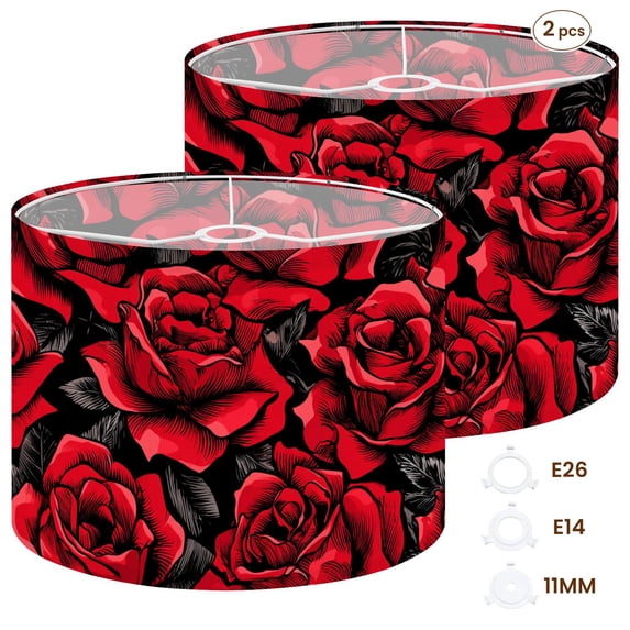 2pcs Set Drum Lampshades (13"x 13"x 10"), Red Roses Black Vintage Tattoo Style Fabric Large Replacement Shades for Table, Floor, and Pendant Lamps, Simple Assembly Needed.
