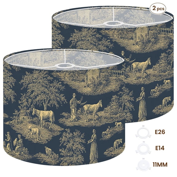 2pcs Set Drum Lampshades (13"x 13"x 10"), Vintage boho artistic classic french toile seamless Fabric Lamp Shades, Large Replacement Shades for Table, Floor, and Pendant Lamps, Simple Assembly Needed.