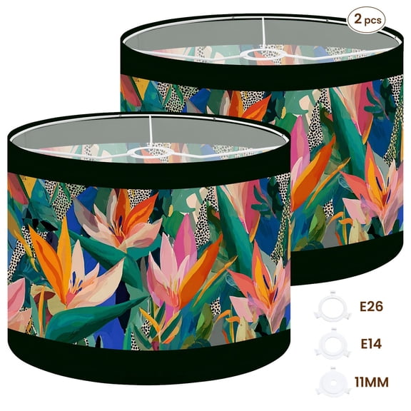 2pcs Set Drum Lampshades (13"x13"x10"), Modern colorful tropical floral Cute botanical abstract contemporary Fabric Lamp Shades, Simple Assembly Needed.