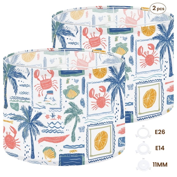 2pcs Set Drum Lampshades (13"x13"x10"), Tropical lobster summer Italy vacation mood Retro palm trees sardines Fabric Lamp Shades, Simple Assembly Needed.