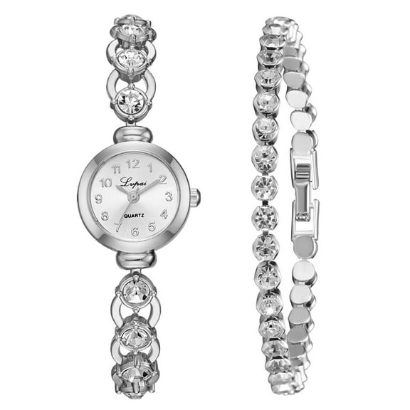 2pcs/Set Fashion Simple Steel Strip Watch Full Diamond Bracelet
