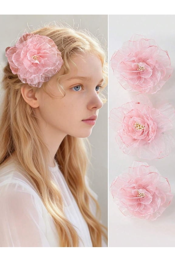 2pcs/Set Girls Faux Chiffon Ruffle Flower Hair Clips, Deep Pink, Suitable For Daily Use In Spring/Summer