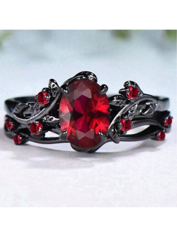 2pcs/Set Gothic Style Red Gemstone Ring Set, Black Metal Full Finger Rings For Women