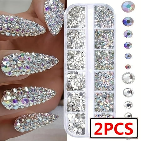 2pcs/Set Nail Art Rhinestones, AB Crystal Clear Mixed Size Dazzling Gem Nail Art Decoration, Silver