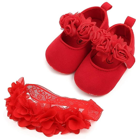 2pcs/Set Newborn Baby Girl Princess Mary Jane Shoes Toddler Infant Wedding Dress Flat Shoes with Free Headband
