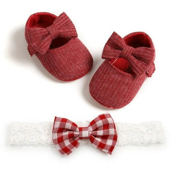 2pcs/Set Newborn Baby Girl Princess Mary Jane Shoes Toddler Infant Wedding Dress Flat Shoes with Free Headband