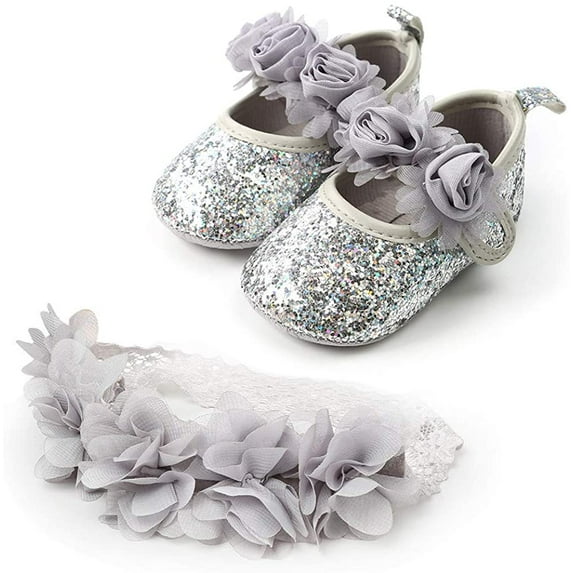 2pcs/Set Newborn Baby Girl Princess Mary Jane Shoes Toddler Infant Wedding Dress Flat Shoes with Free Headband
