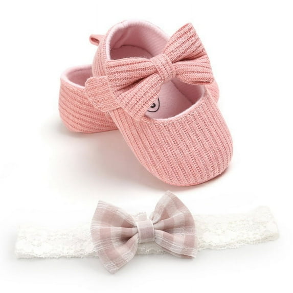 2pcs/Set Newborn Baby Girl Princess Mary Jane Shoes Toddler Infant Wedding Dress Flat Shoes with Free Headband