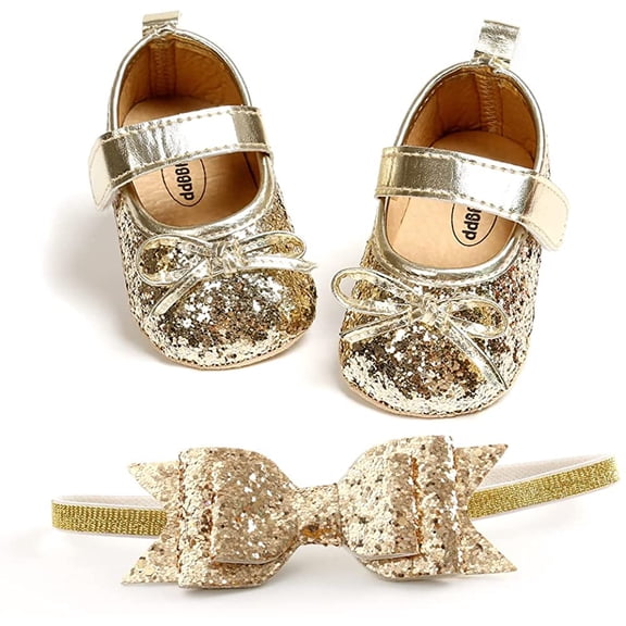 2pcs/Set Newborn Baby Girl Princess Mary Jane Shoes Toddler Infant Wedding Dress Flat Shoes with Free Headband