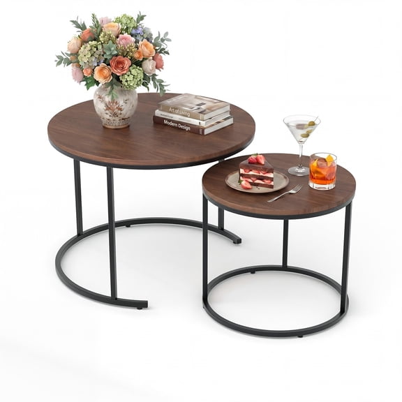 2pcs/Set Round Nesting Coffee Table, Round Coffee Table for Living Room, Space Saving Nesting Tables with Faux Marble Top & Metal Frame